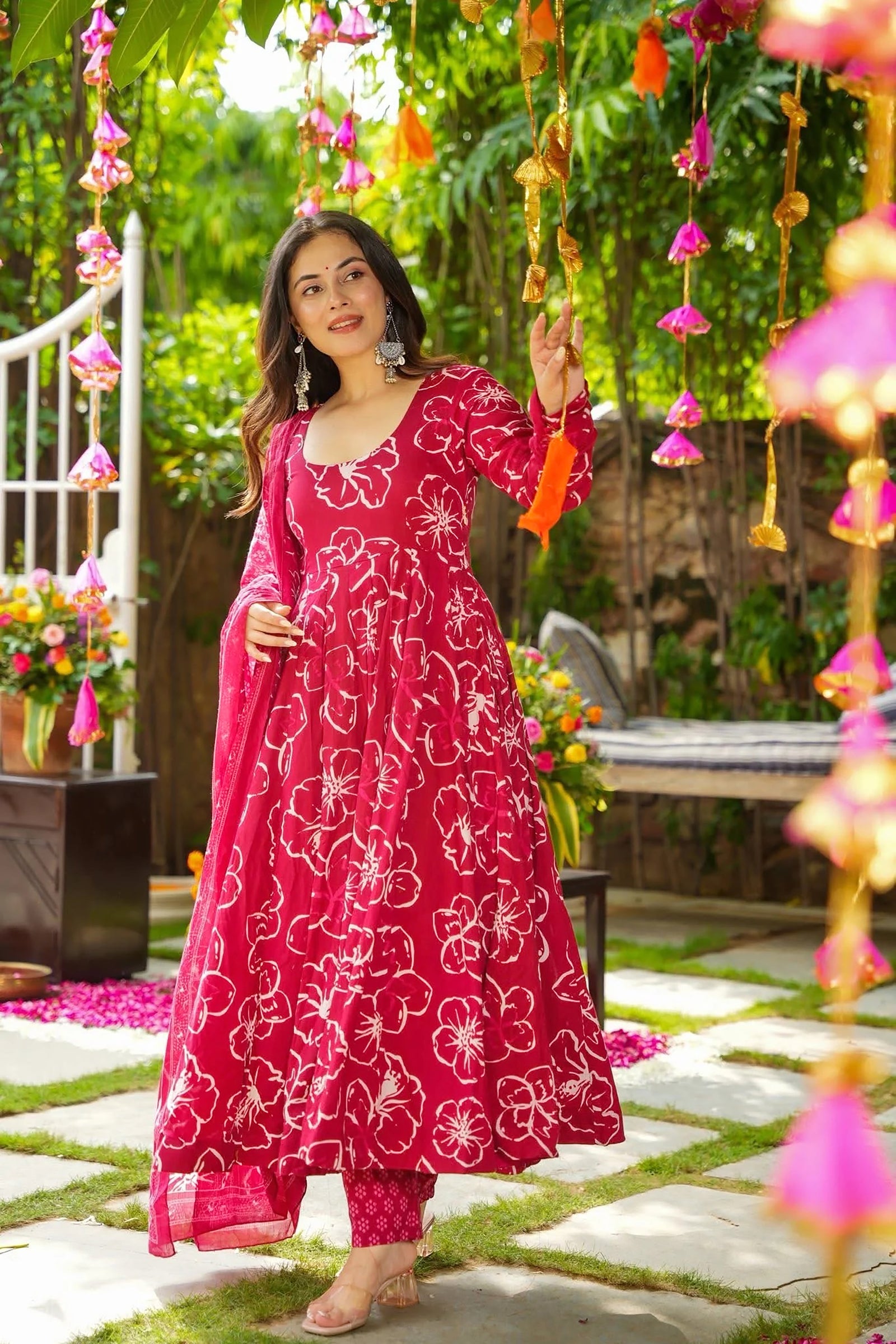 Muslin Digital Print Anarkali Kurti Pant Dupatta Set Clothsvilla