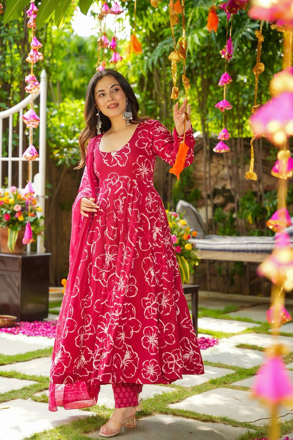 Muslin Digital Print Anarkali Kurti Pant Dupatta Set Clothsvilla