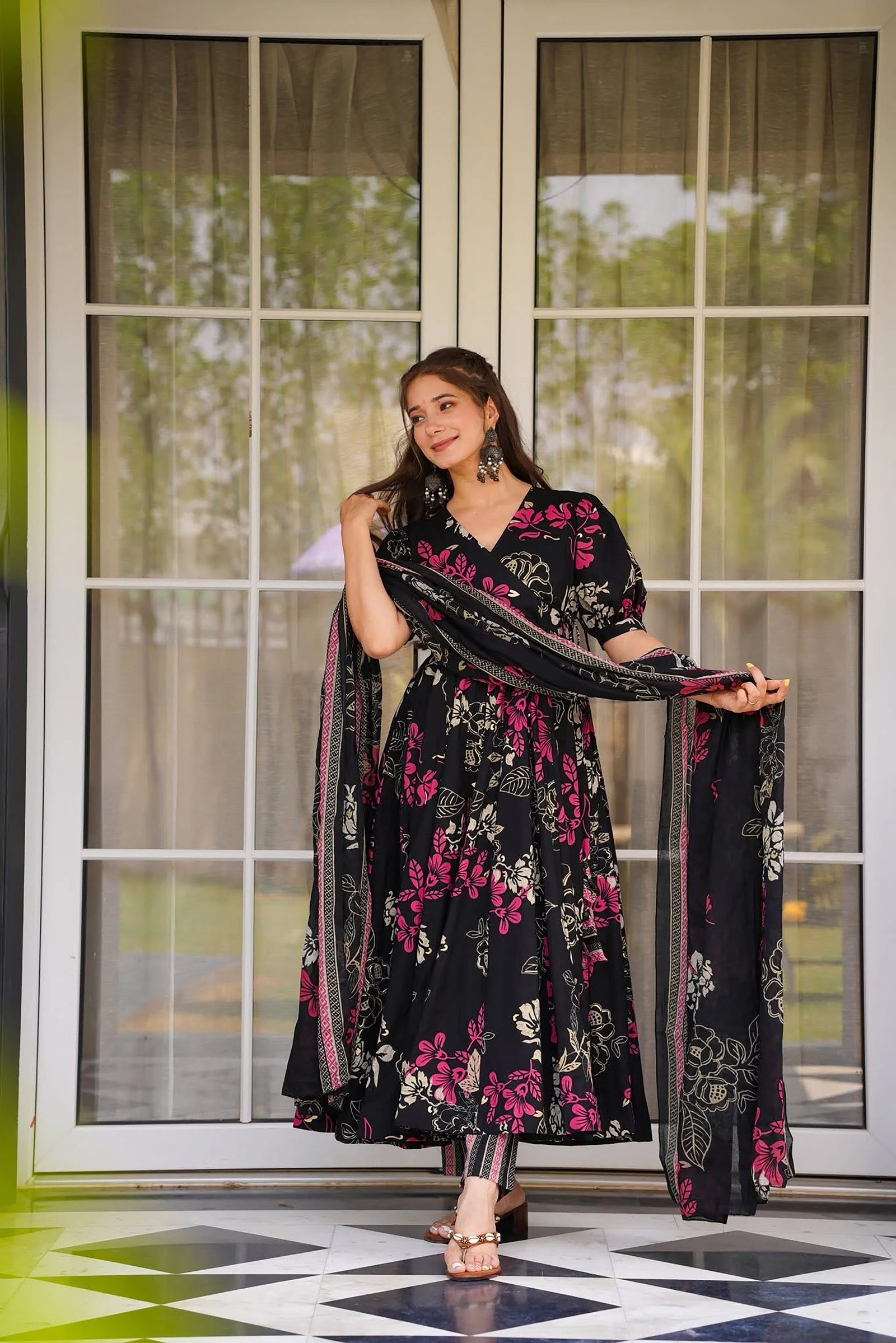 Muslin Digital Print Anarkali Kurti Pant Dupatta Set Clothsvilla