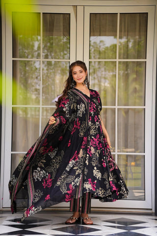 Muslin Digital Print Anarkali Kurti Pant Dupatta Set Clothsvilla