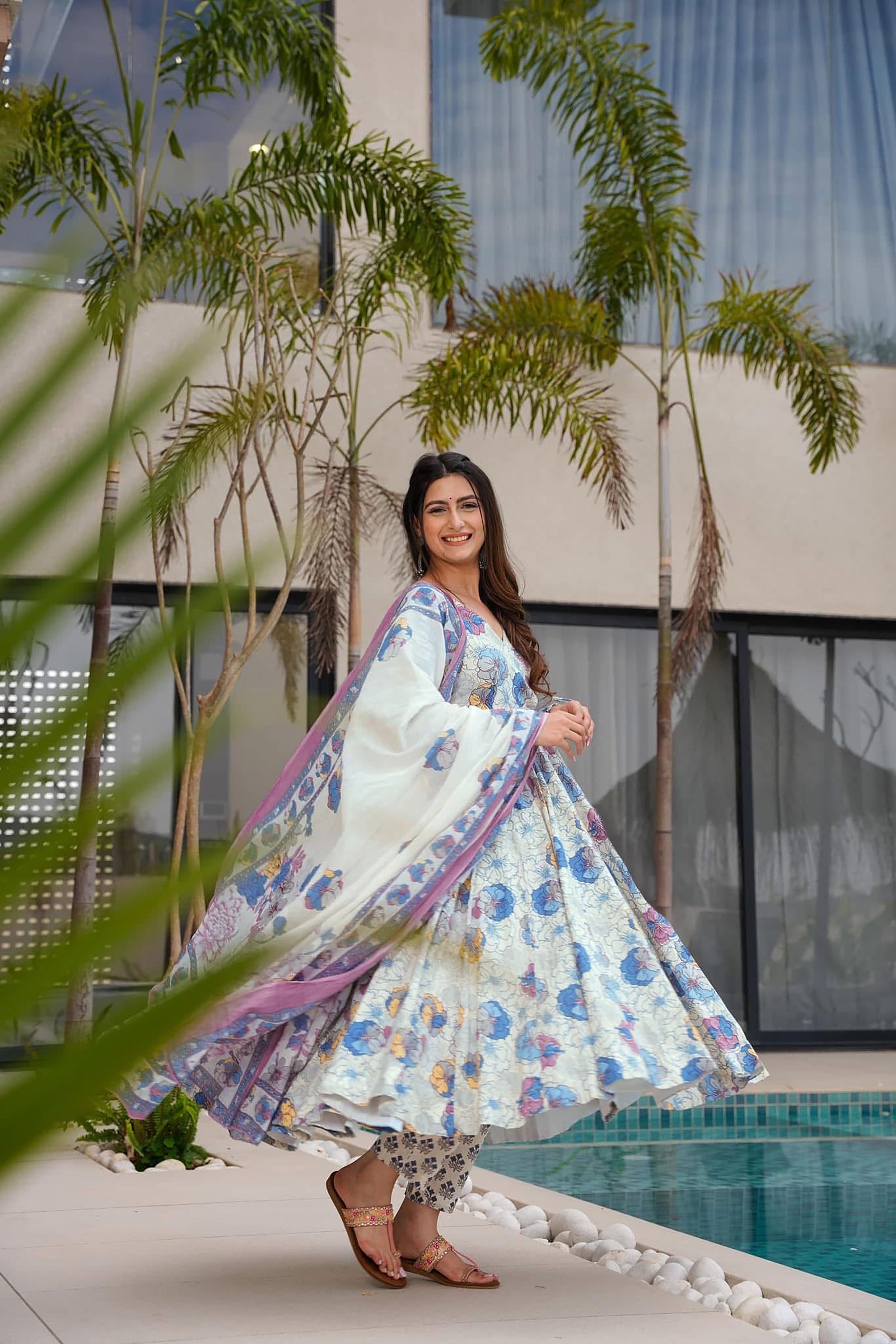 Muslin Digital Print Anarkali Kurti Pant Dupatta Set Clothsvilla
