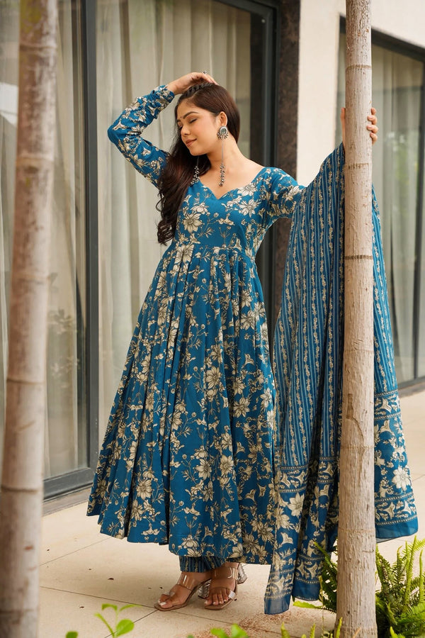 Muslin Digital Print Anarkali Kurti Pant Dupatta Set Clothsvilla