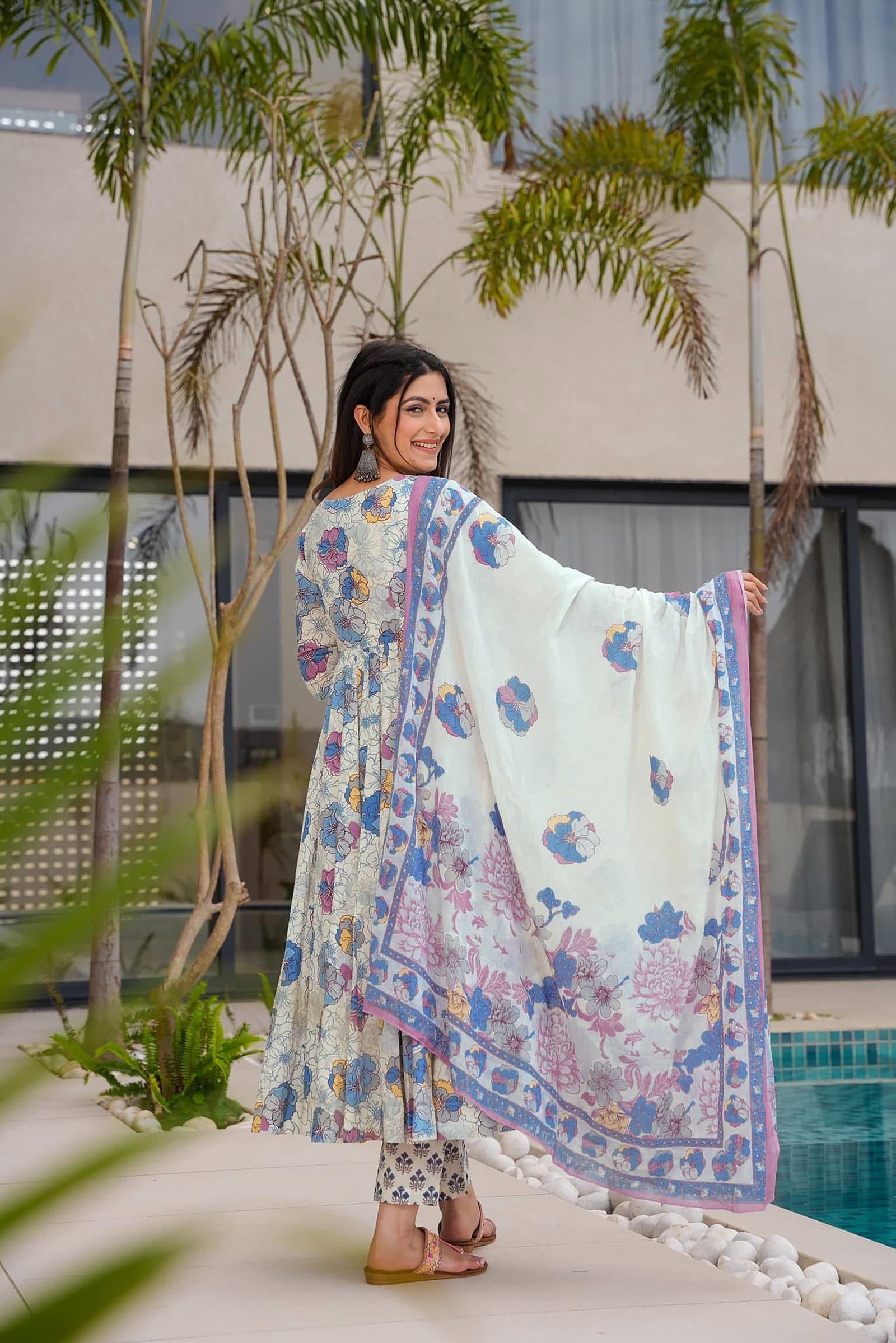 Muslin Digital Print Anarkali Kurti Pant Dupatta Set Clothsvilla