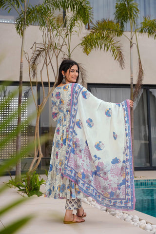 Muslin Digital Print Anarkali Kurti Pant Dupatta Set Clothsvilla
