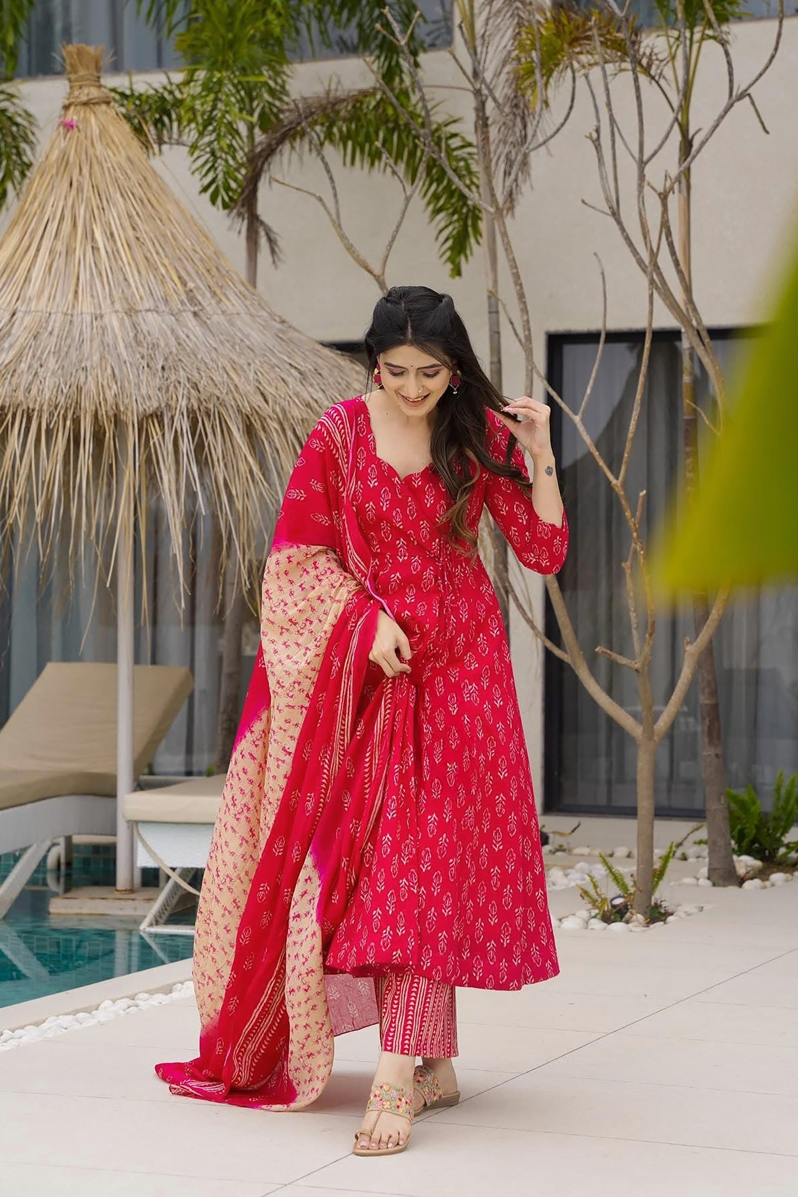 Muslin Digital Print Anarkali Kurti Pant Dupatta Set Clothsvilla