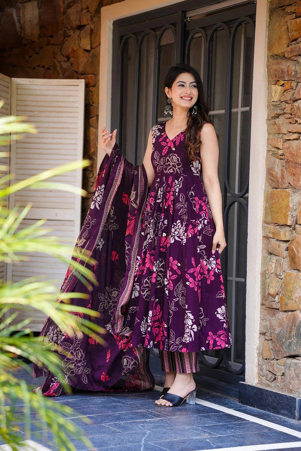 Muslin Digital Print Anarkali Kurti Pant Dupatta Set Clothsvilla