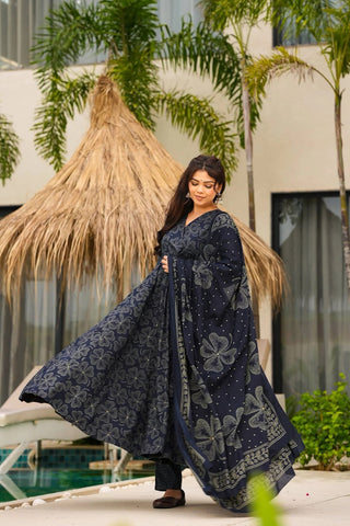 Muslin Digital Print Anarkali Kurti Pant Dupatta Set Clothsvilla