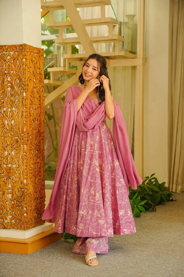 Muslin Digital Print Anarkali Kurti Pant Dupatta Set Clothsvilla