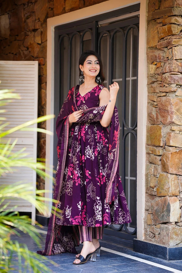 Muslin Digital Print Anarkali Kurti Pant Dupatta Set Clothsvilla