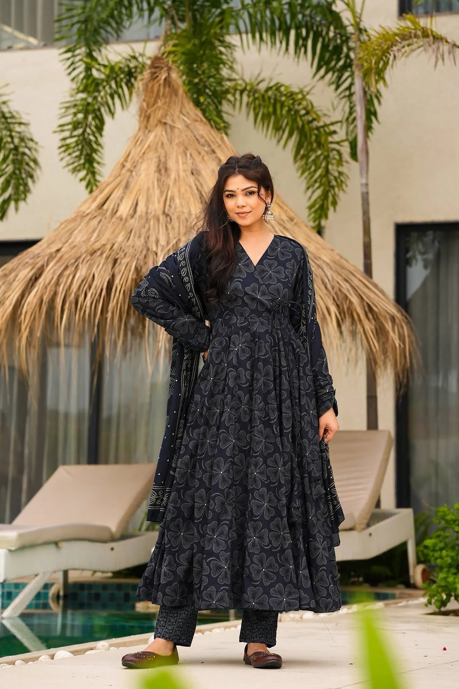 Muslin Digital Print Anarkali Kurti Pant Dupatta Set Clothsvilla