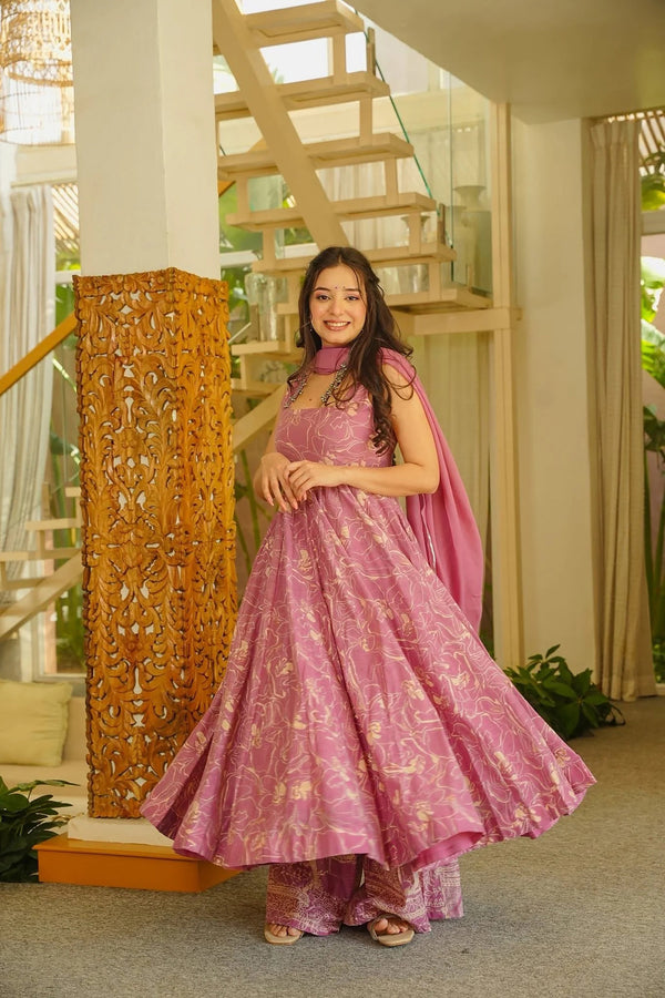 Muslin Digital Print Anarkali Kurti Pant Dupatta Set Clothsvilla