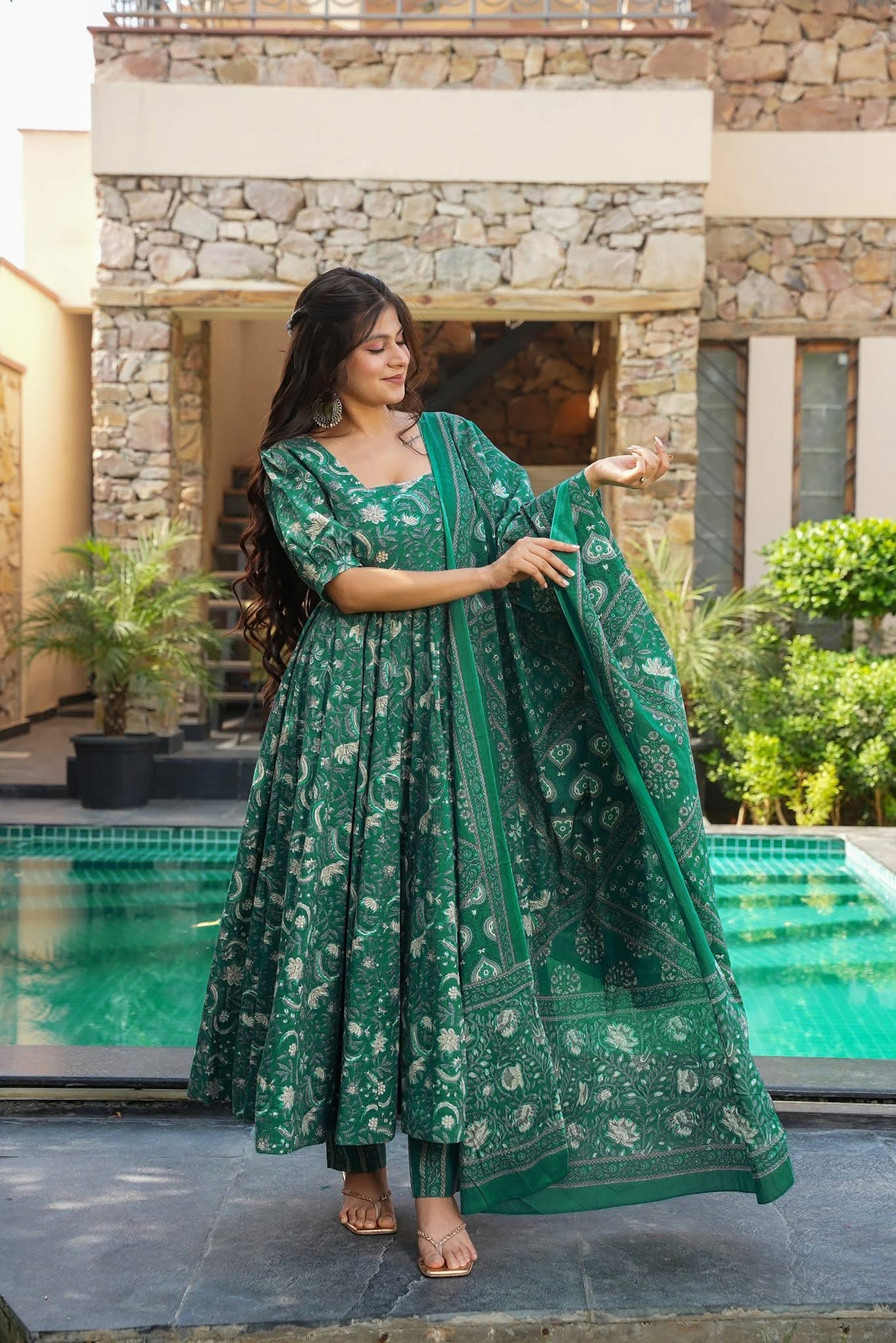 Muslin Digital Print Anarkali Kurti Pant Dupatta Set Clothsvilla