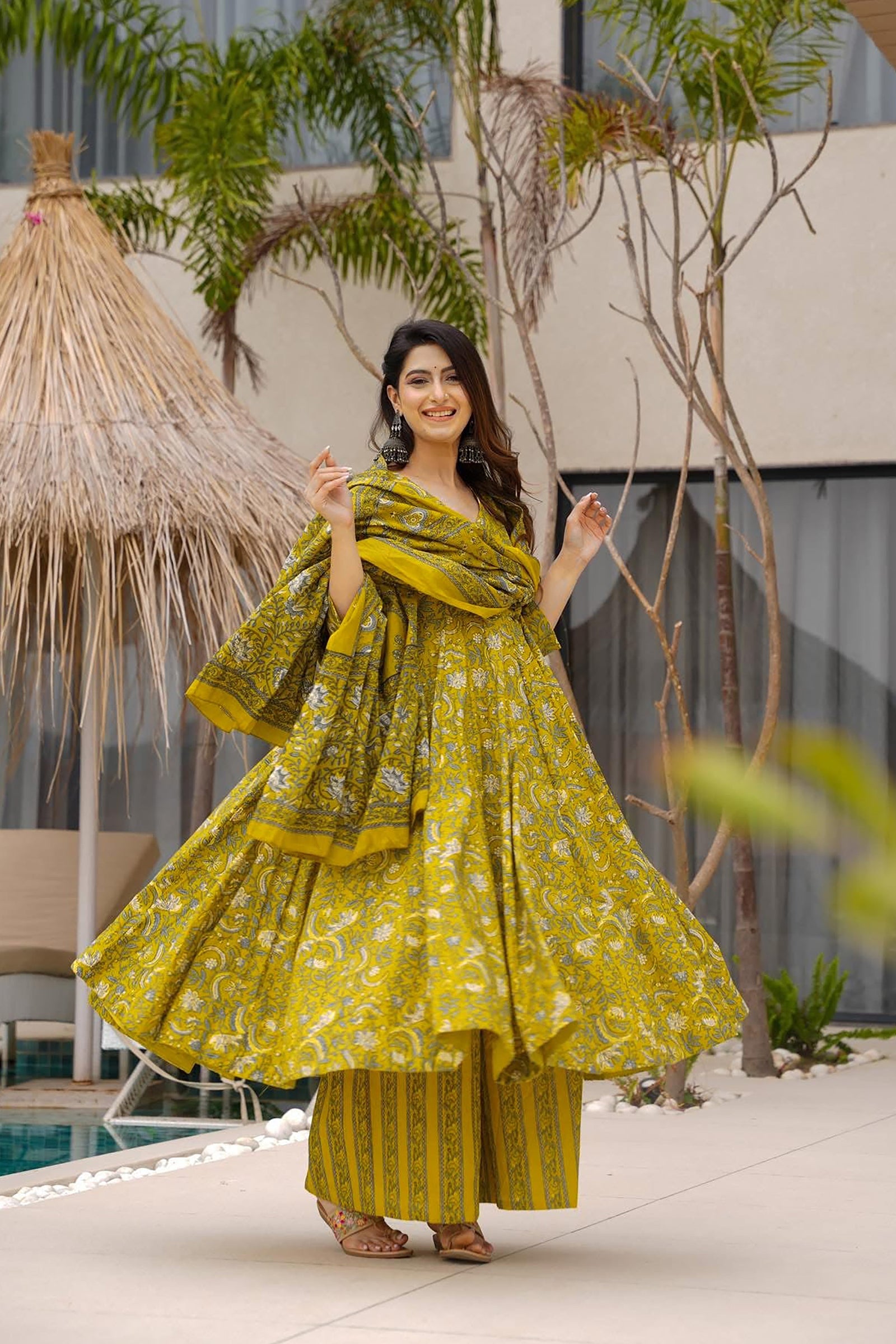 Muslin Digital Print Anarkali Kurti Pant Dupatta Set Clothsvilla