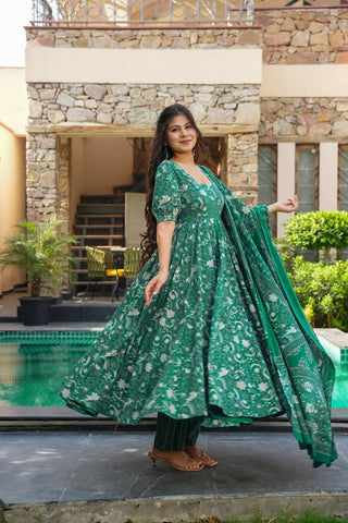 Muslin Digital Print Anarkali Kurti Pant Dupatta Set Clothsvilla