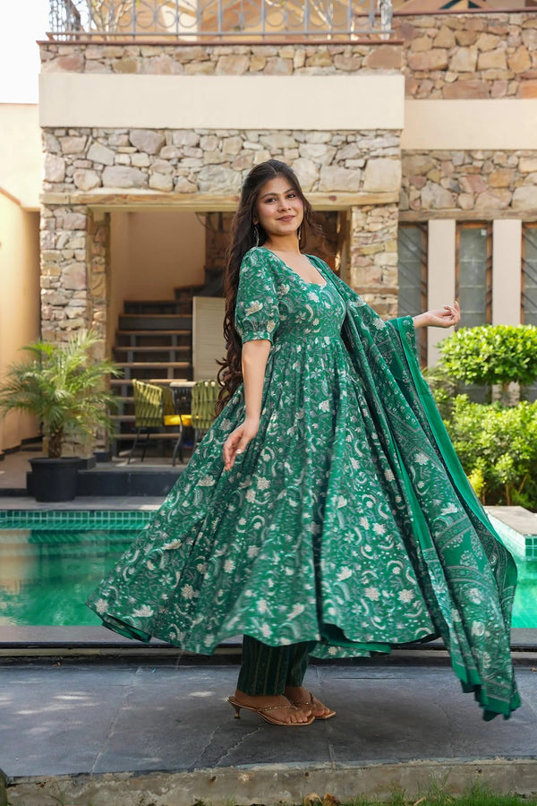 Muslin Digital Print Anarkali Kurti Pant Dupatta Set Clothsvilla