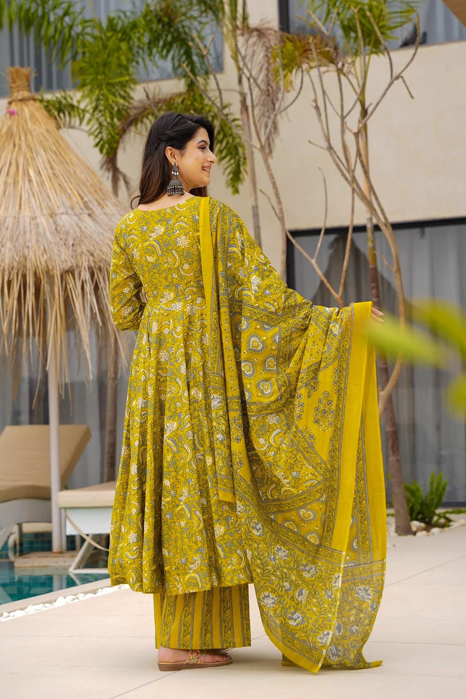 Muslin Digital Print Anarkali Kurti Pant Dupatta Set Clothsvilla