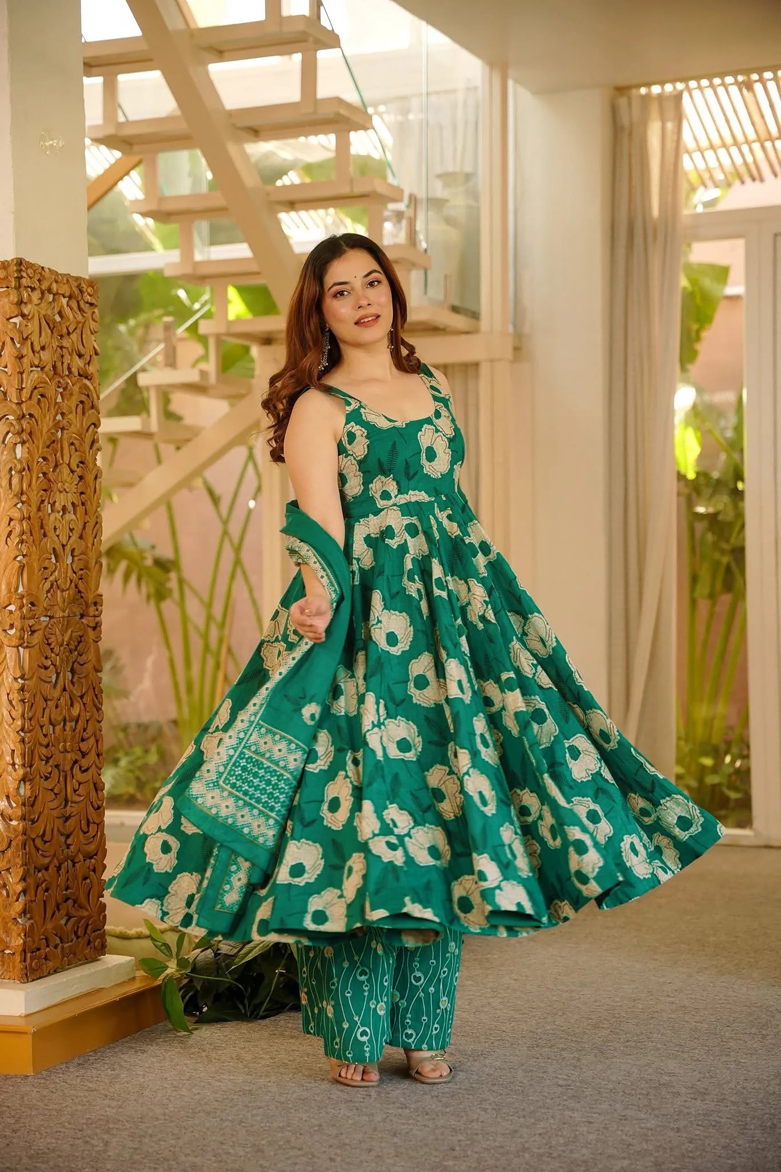 Muslin Digital Print Full Flare Kurti Pant Dupatta Set Clothsvilla