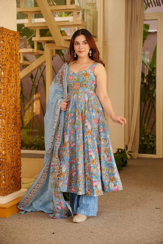 Muslin Digital Print Full Flare Kurti Pant Dupatta Set Clothsvilla