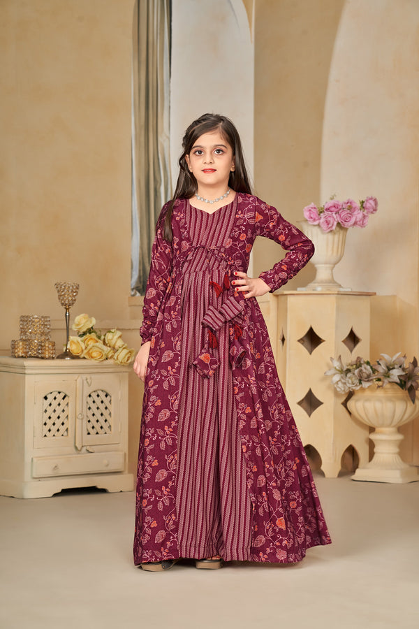 Muslin Digital Print Shrug Set Indo-Western Gown for Girls Clothsvilla