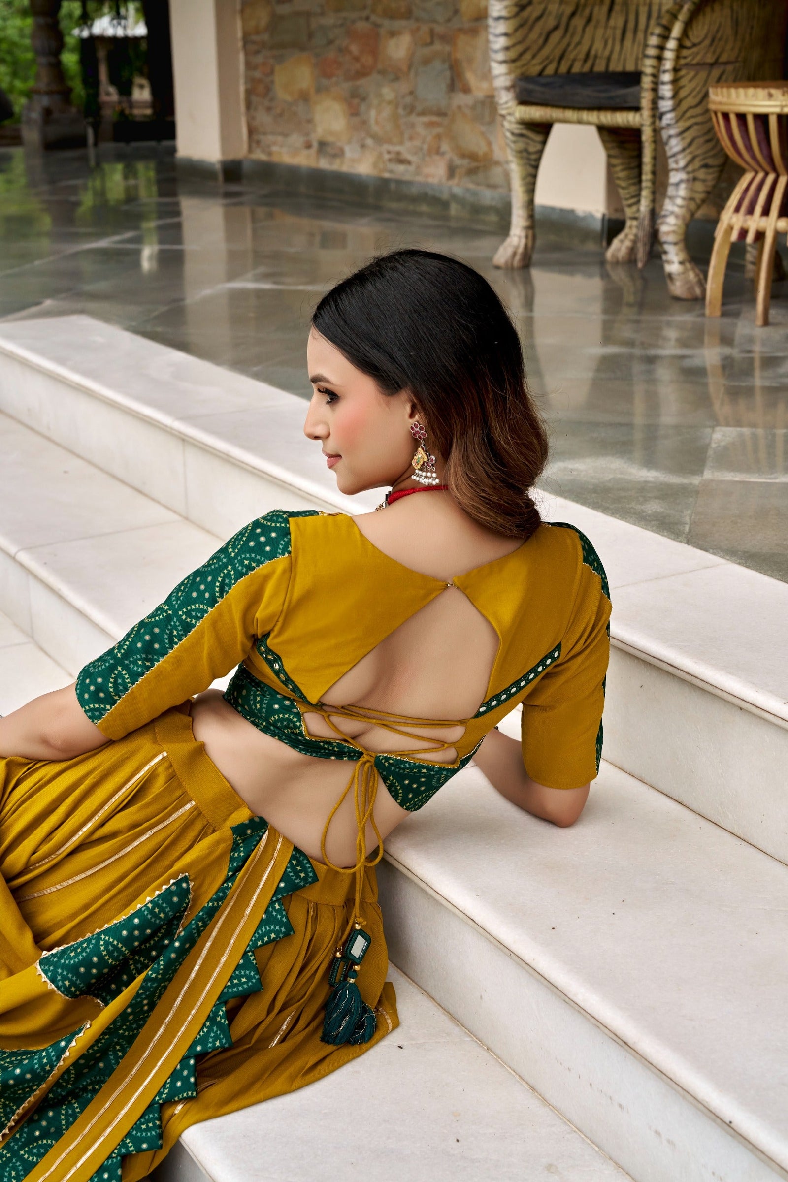 Mustard Ajrakh Printed Lehenga Set ClothsVilla