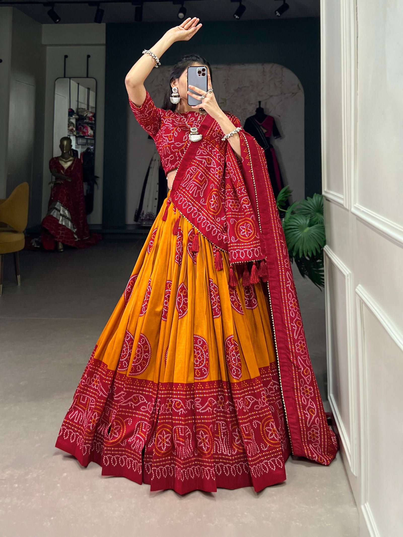 Mustard Artistry in Silk Tussar Lehenga Choli with Bandhej Print & Gotta Patti Accents
