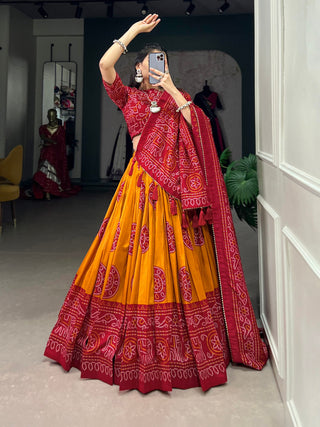 Mustard Artistry in Silk Tussar Lehenga Choli with Bandhej Print & Gotta Patti Accents