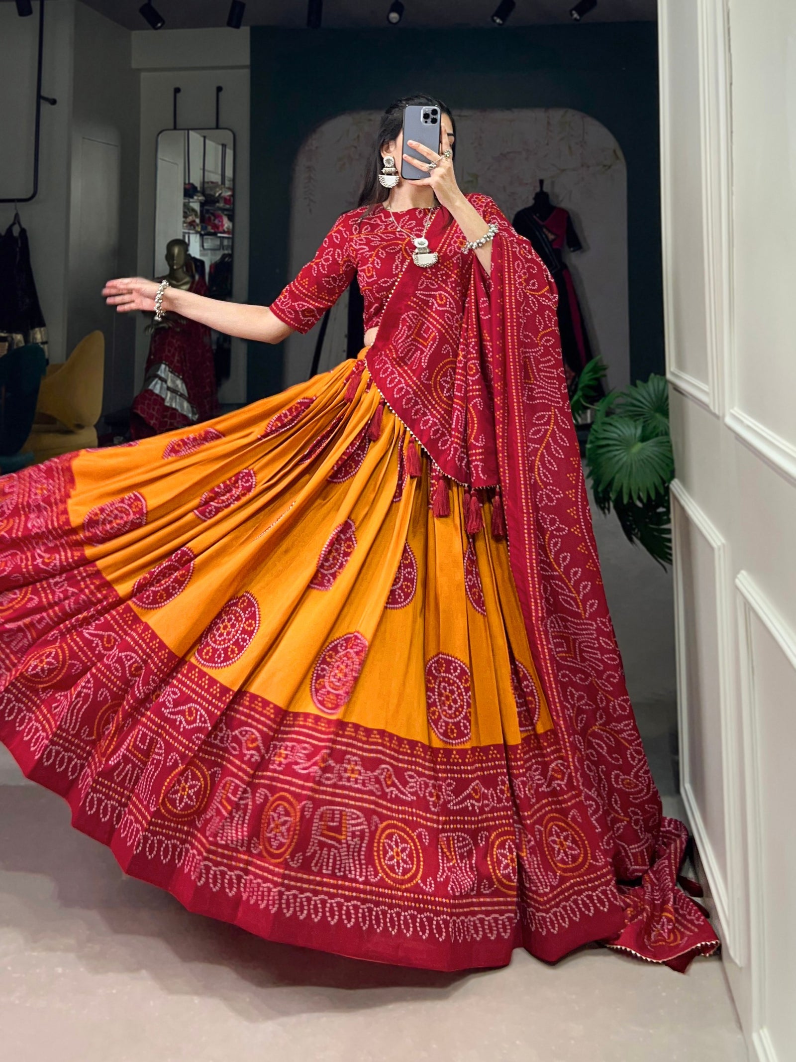 Mustard Artistry in Silk Tussar Lehenga Choli with Bandhej Print & Gotta Patti Accents