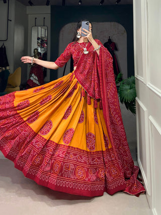 Mustard Artistry in Silk Tussar Lehenga Choli with Bandhej Print & Gotta Patti Accents
