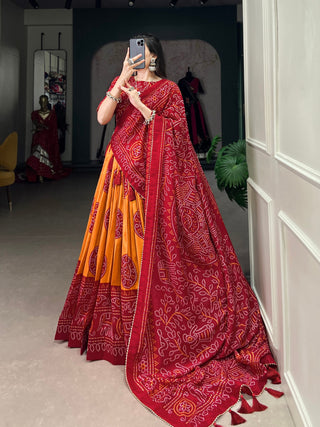 Mustard Artistry in Silk Tussar Lehenga Choli with Bandhej Print & Gotta Patti Accents