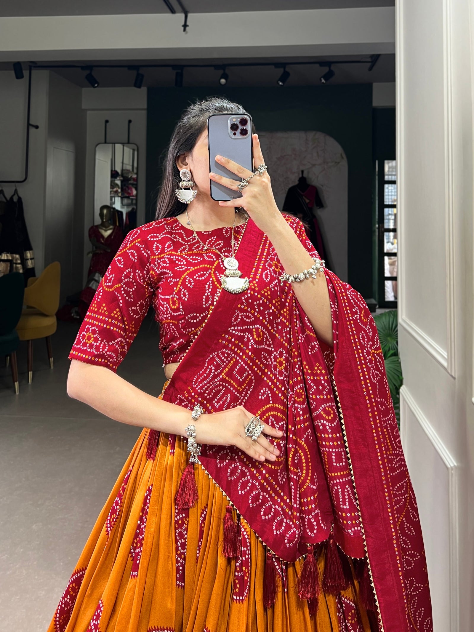 Mustard Artistry in Silk Tussar Lehenga Choli with Bandhej Print & Gotta Patti Accents