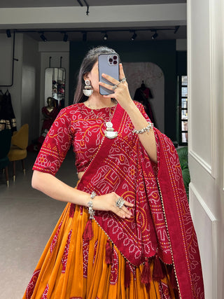 Mustard Artistry in Silk Tussar Lehenga Choli with Bandhej Print & Gotta Patti Accents