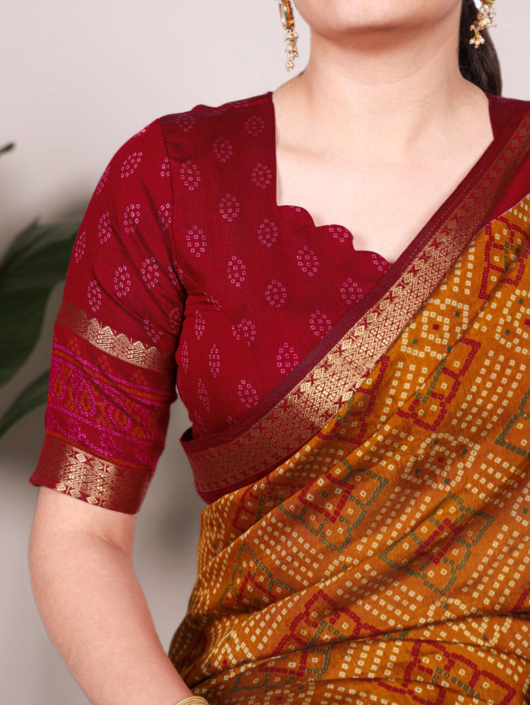 Mustard Bandhej Print Chanderi Saree with Zari Weaving Work ClothsVilla