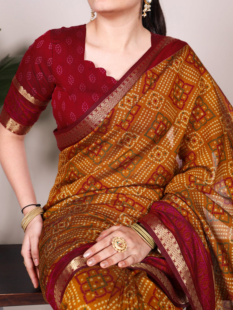 Mustard Bandhej Print Chanderi Saree with Zari Weaving Work ClothsVilla