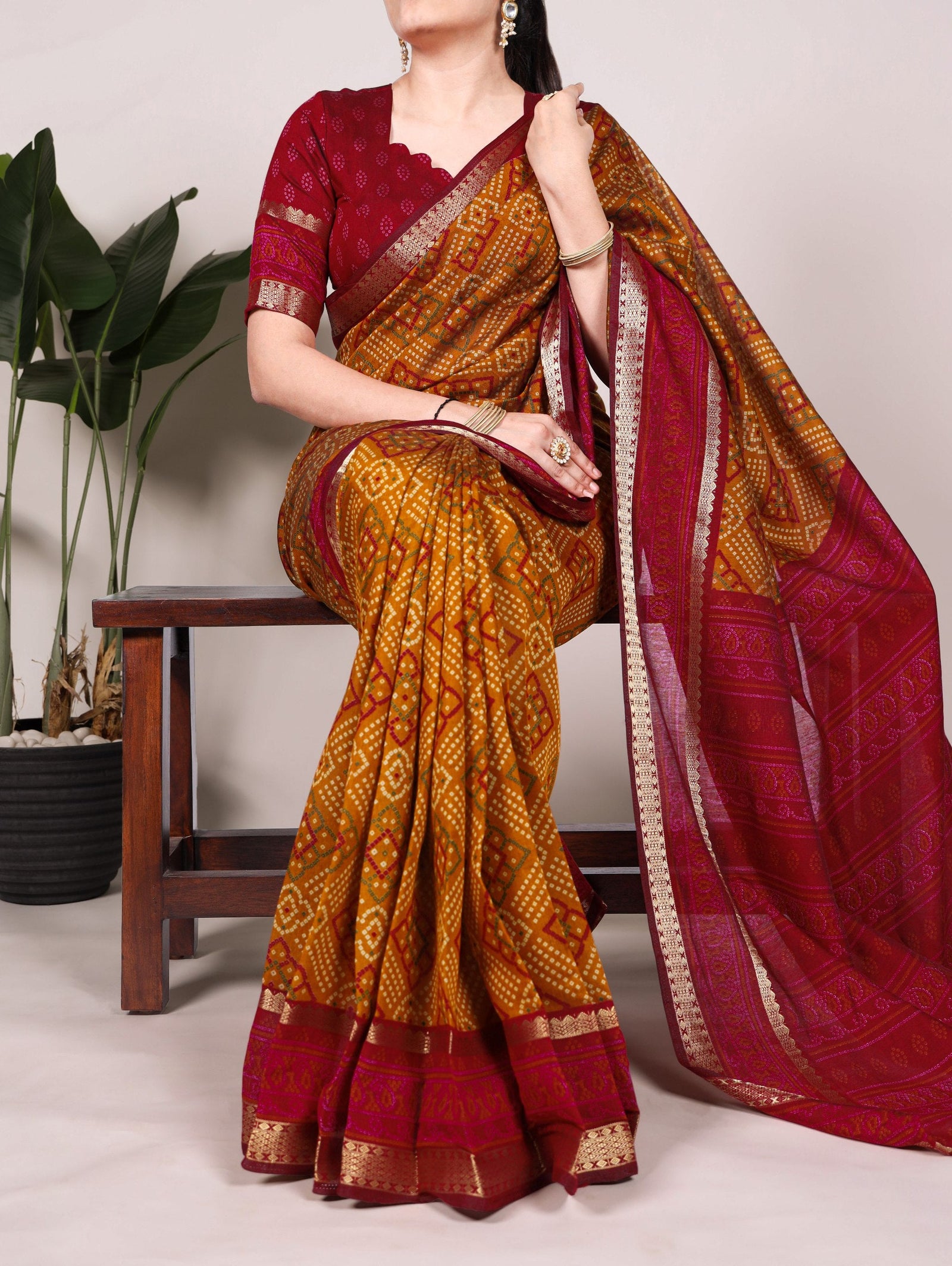 Mustard Bandhej Print Chanderi Saree with Zari Weaving Work ClothsVilla