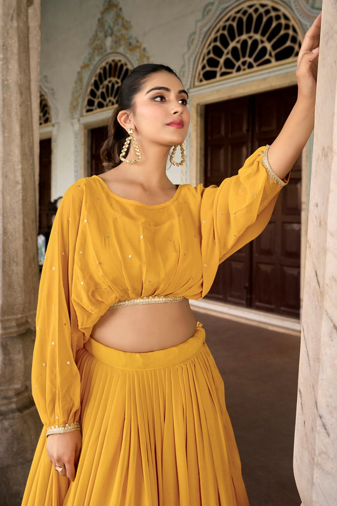 Mustard Breathtaking Embroidered Georgette Lehenga Co-ord Set ClothsVilla