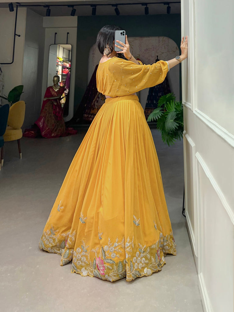 Mustard Breathtaking Embroidered Georgette Lehenga Co-ord Set ClothsVilla