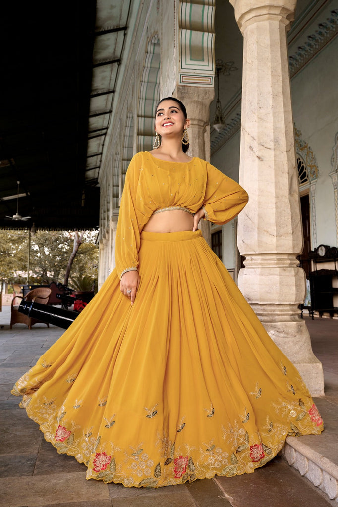 Mustard Breathtaking Embroidered Georgette Lehenga Co-ord Se Mustard Breathtaking Embroidered Georgette Lehenga Co-ord Se