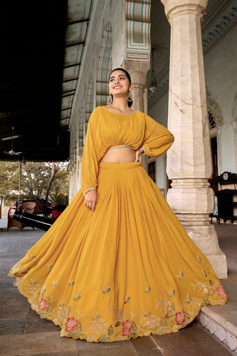 Mustard Breathtaking Embroidered Georgette Lehenga Co-ord Set ClothsVilla