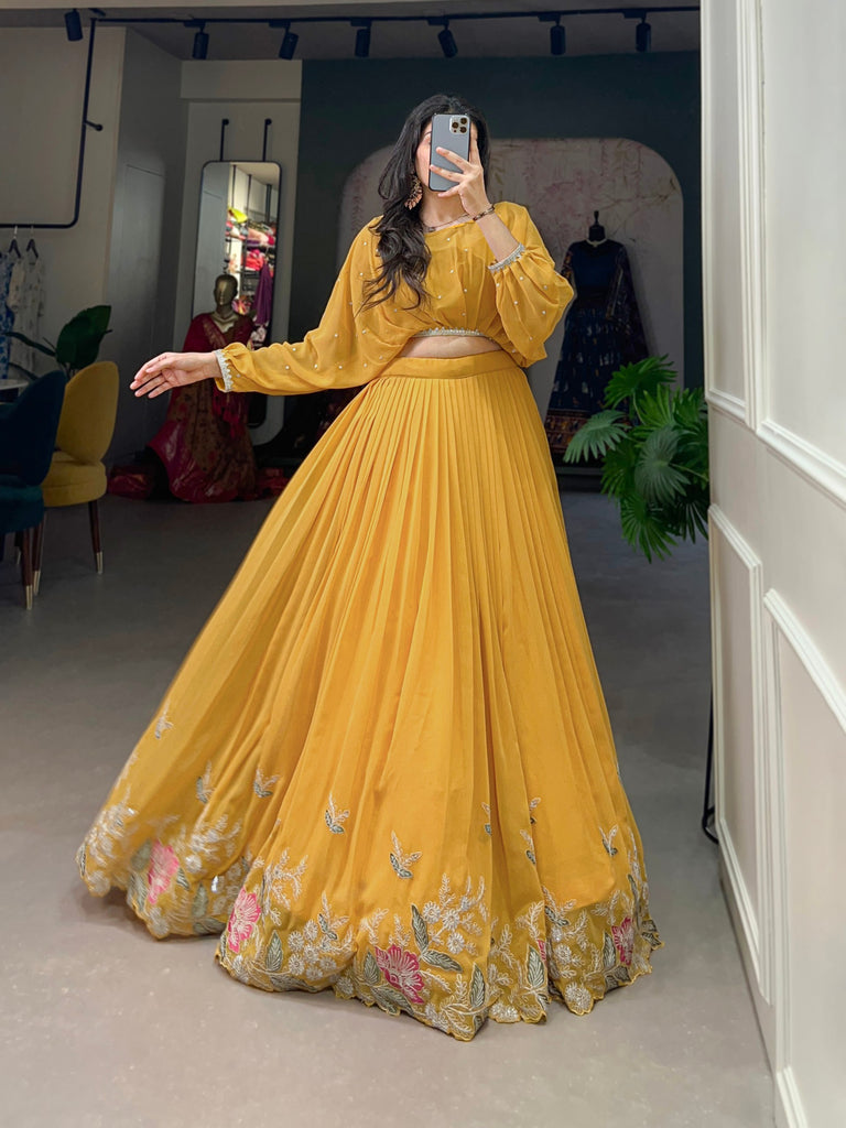 Mustard Breathtaking Embroidered Georgette Lehenga Co-ord Set ClothsVilla