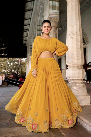 Mustard Breathtaking Embroidered Georgette Lehenga Co-ord Set ClothsVilla
