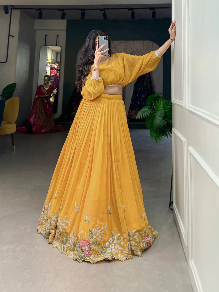 Mustard Breathtaking Embroidered Georgette Lehenga Co-ord Set ClothsVilla