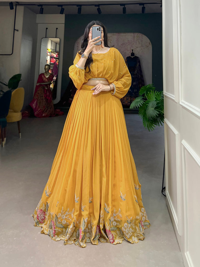 Mustard Breathtaking Embroidered Georgette Lehenga Co-ord Set ClothsVilla