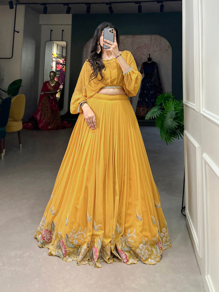 Mustard Breathtaking Embroidered Georgette Lehenga Co-ord Set ClothsVilla