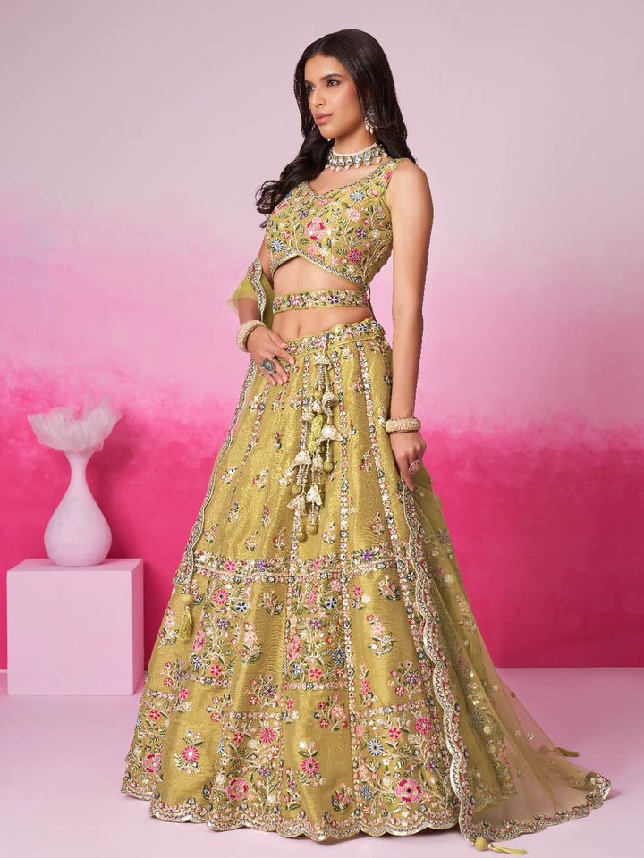 Mustard Bridel Net Moti, Sequins embroidery Semi-Stitched Bridel Lehenga choli & Dupatta ClothsVilla