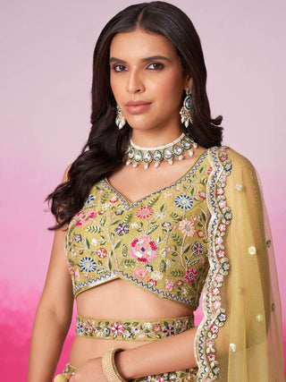 Mustard Bridel Net Moti, Sequins embroidery Semi-Stitched Bridel Lehenga choli & Dupatta ClothsVilla