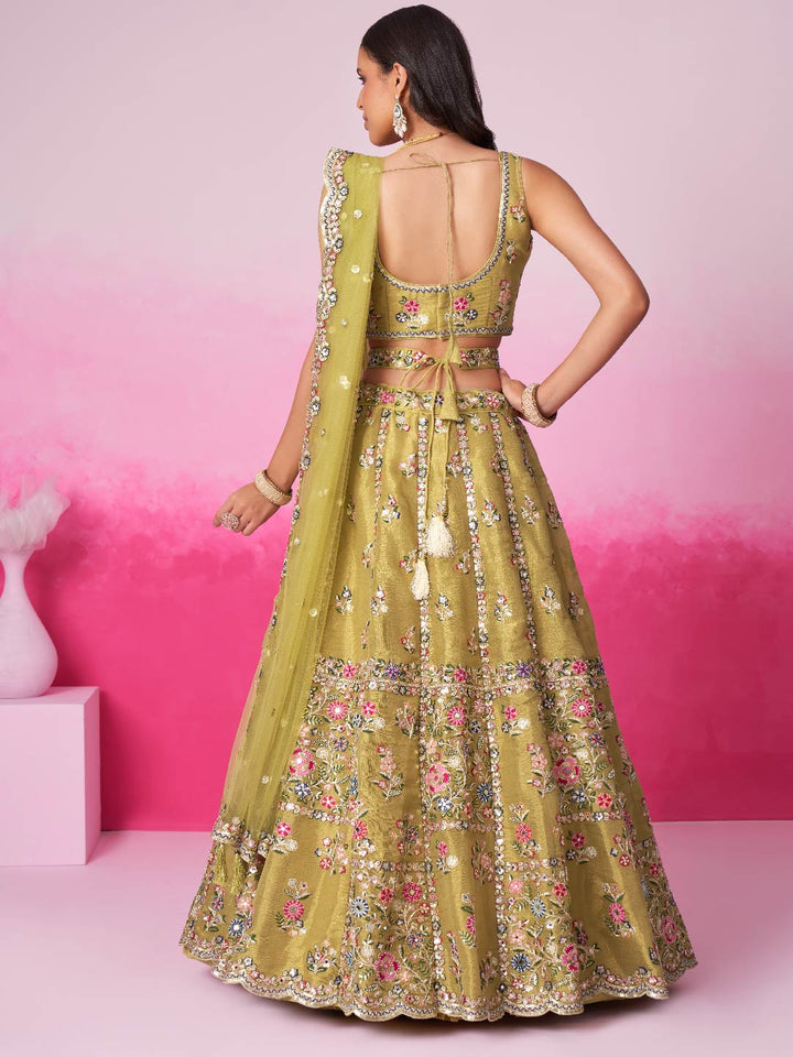 Mustard Bridel Net Moti, Sequins embroidery Semi-Stitched Bridel Lehenga choli & Dupatta ClothsVilla