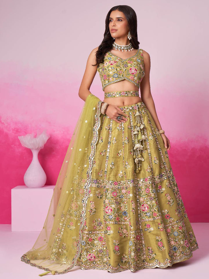Mustard Bridel Net Moti, Sequins embroidery Semi-Stitched Bridel Lehenga choli & Dupatta ClothsVilla