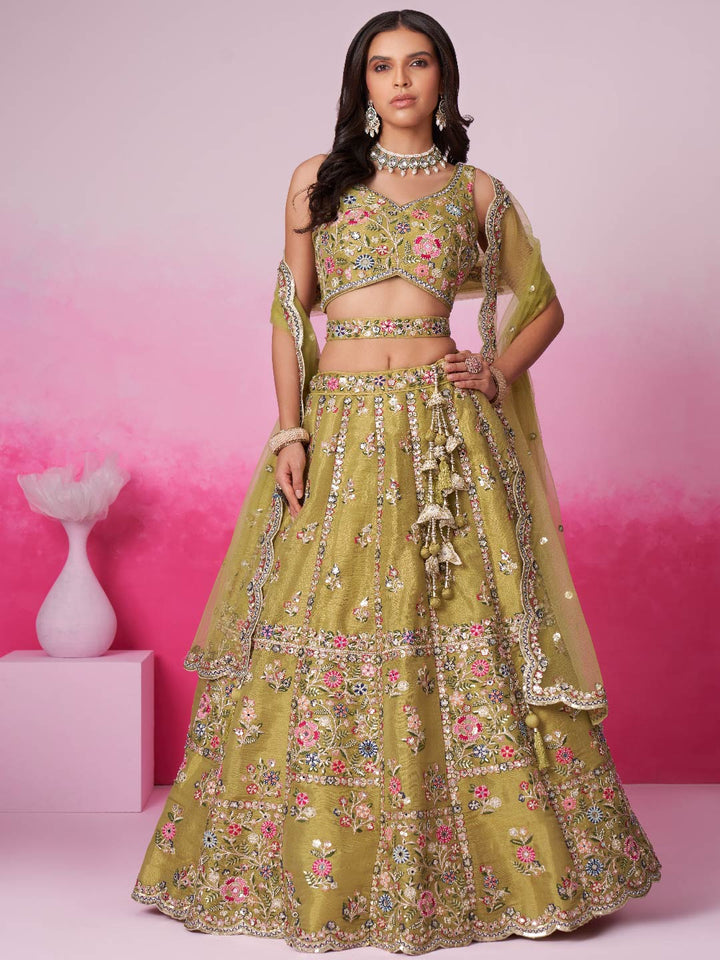 Mustard Bridel Net Moti, Sequins embroidery Semi-Stitched Bridel Lehenga choli & Dupatta ClothsVilla Main image