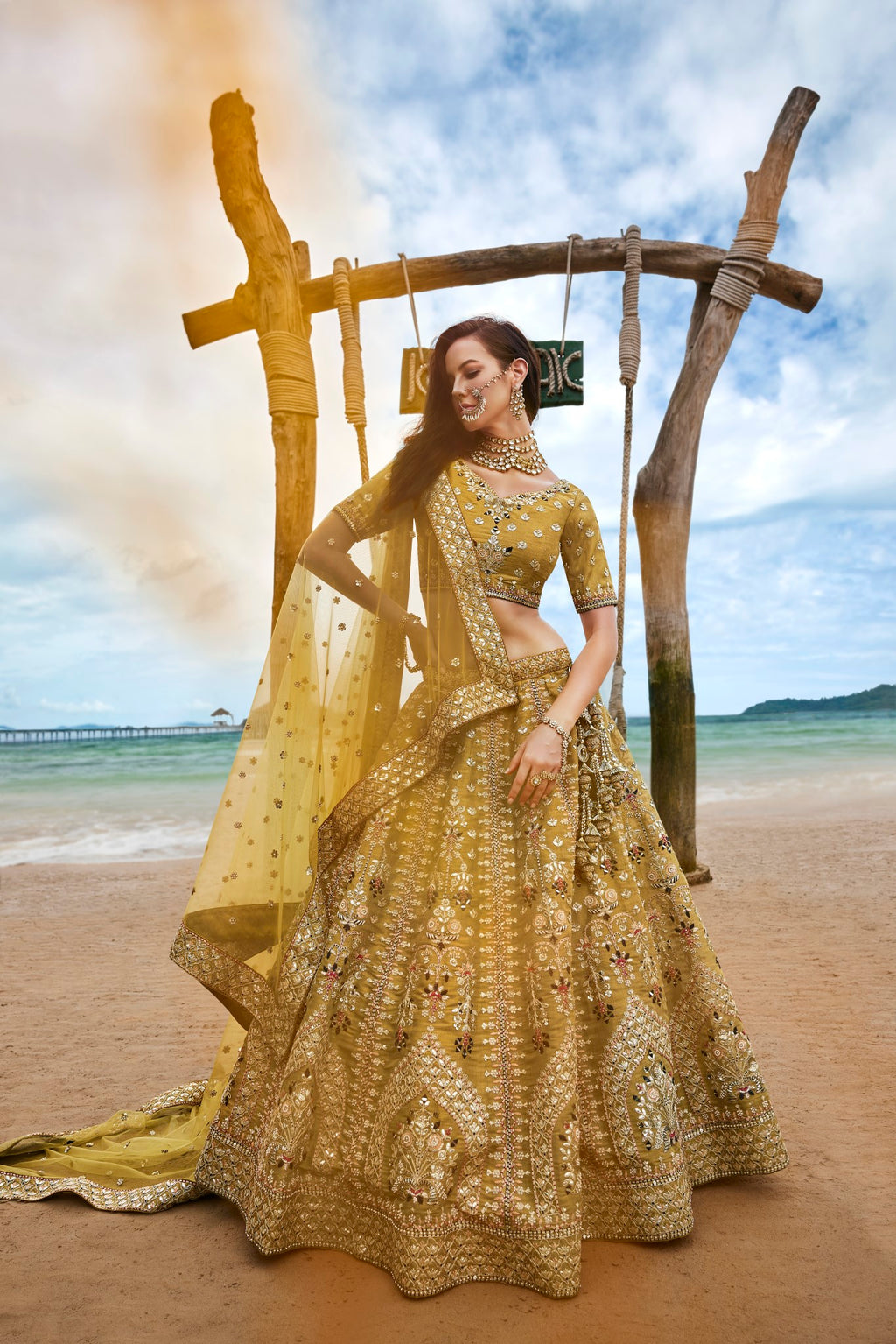 Mustard Bridel Net Sequins, Moti, Mirror and thread embroidery Semi-Stitched Lehenga choli & Dupatta ClothsVilla
