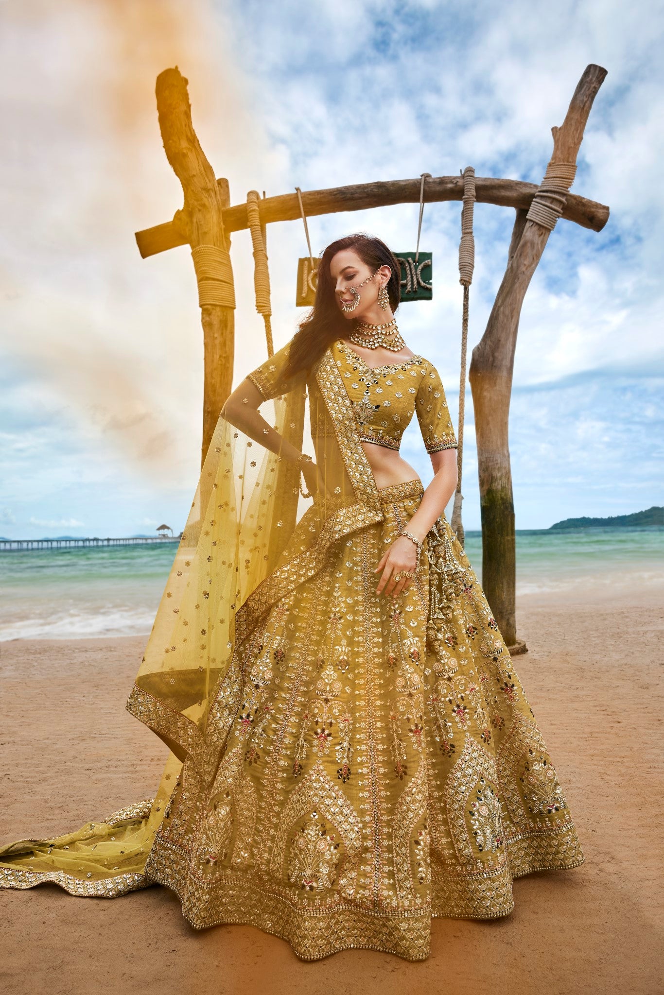 Mustard Bridel Net Sequins, Moti, Mirror and thread embroidery Semi-Stitched Lehenga choli & Dupatta ClothsVilla